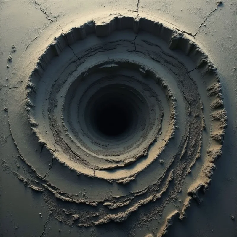 A deep, circular vortex of layered, sandy ridges descends into a dark central void. The monochromatic palette consists of muted beige and grey tones with rough, granular textures along the stepped edges and fine cracks spreading across the smooth surface. Light falls from above, casting shadows that emphasize the concentric depth and the rugged, uneven contours of the spiral.