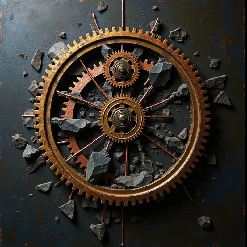 A large, bronze-colored gear dominates the center of a dark, textured background, surrounded by smaller interlocking gears and irregular, jagged grey stones. Thin copper rods radiate from the central assembly, creating linear connections across the composition. The scene features metallic surfaces with a subtle sheen contrasted against the rough, matte texture of the scattered rocks under soft, directional light.