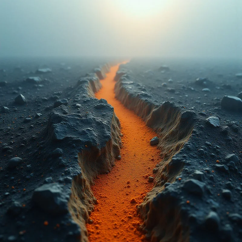 The scene is dominated by cool gray tones in a rocky landscape, sharply contrasted by a central channel of vibrant orange. Rough, jagged rock formations create varied textures across the foreground and middle ground, while a hazy atmosphere softens details towards the horizon. A strong light source appears to originate from behind the distant fog, illuminating the flowing orange material and casting shadows within the crevices of the rocks.
