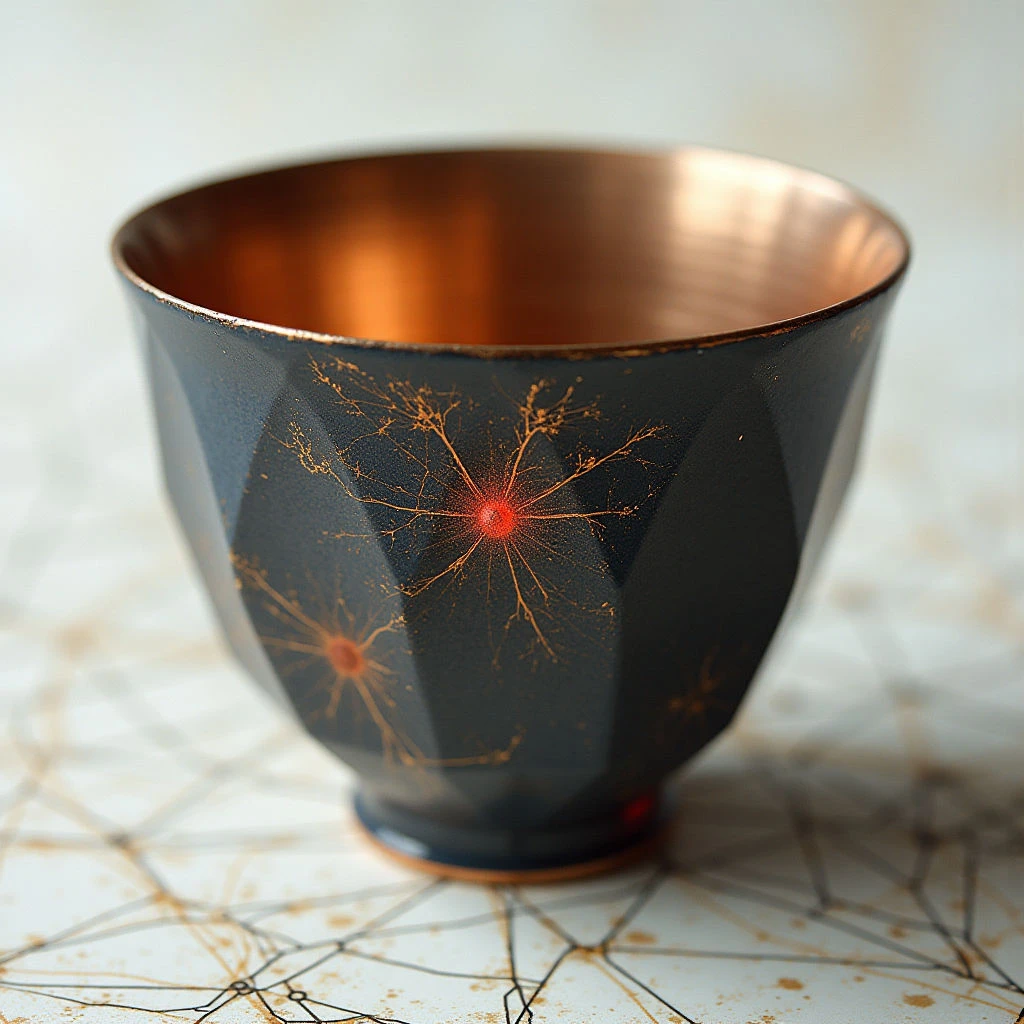 The image features a dark, faceted vessel with an interior of warm copper tones. Delicate gold lines radiate outwards from small red points on the exterior surface, contrasting against the matte black base. The cup sits upon a pale background marked by a network of thin, golden geometric shapes, creating a sense of depth and scale relative to the object.
