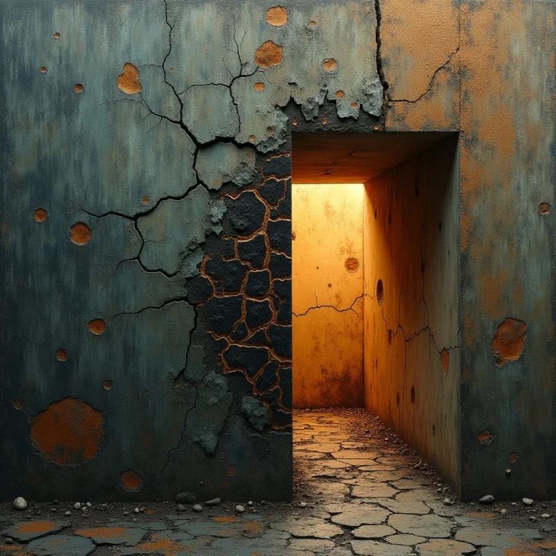 A weathered blue wall with jagged cracks and circular indentations frames a doorway leading into a warm, amber-lit interior. The composition features rough, crumbling textures on the dark teal surfaces contrasted against smooth, glowing light within the inner chamber. A cracked stone floor extends from the foreground through the threshold, creating a sense of depth between the cool exterior and the luminous space beyond.