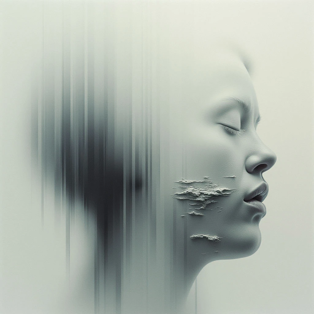 A woman’s face is shown in profile, her eyes closed as if in peaceful contemplation. Her form appears to be dissolving into vertical streaks of light and shadow, with cloud-like shapes emerging on the side of her cheek. The overall tone is muted and ethereal, suggesting a dreamlike or fading state of being.