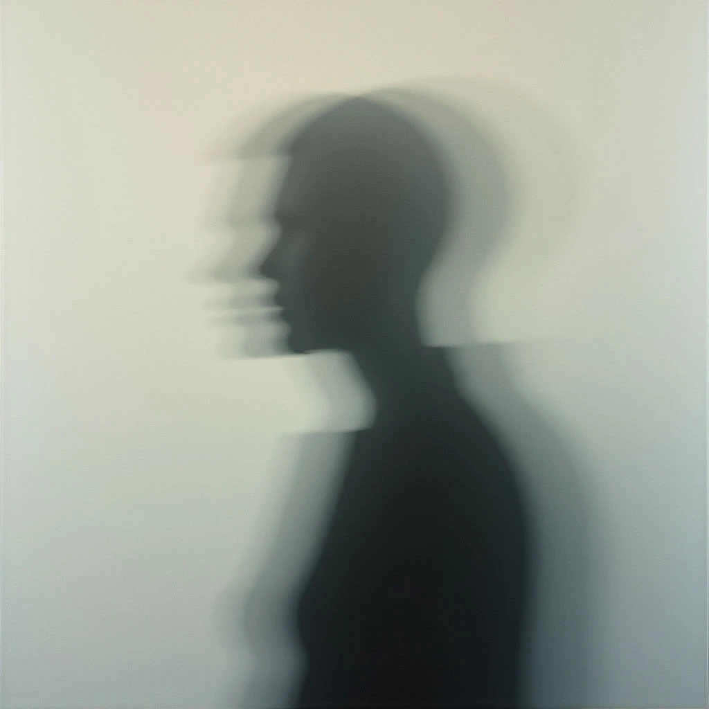 A dark silhouette of a person's profile is repeated and blurred, creating a ghostly trail against a pale background. The figure appears to be fading or moving rapidly, with each repetition less distinct than the last. It evokes a sense of disorientation or perhaps a lingering presence.