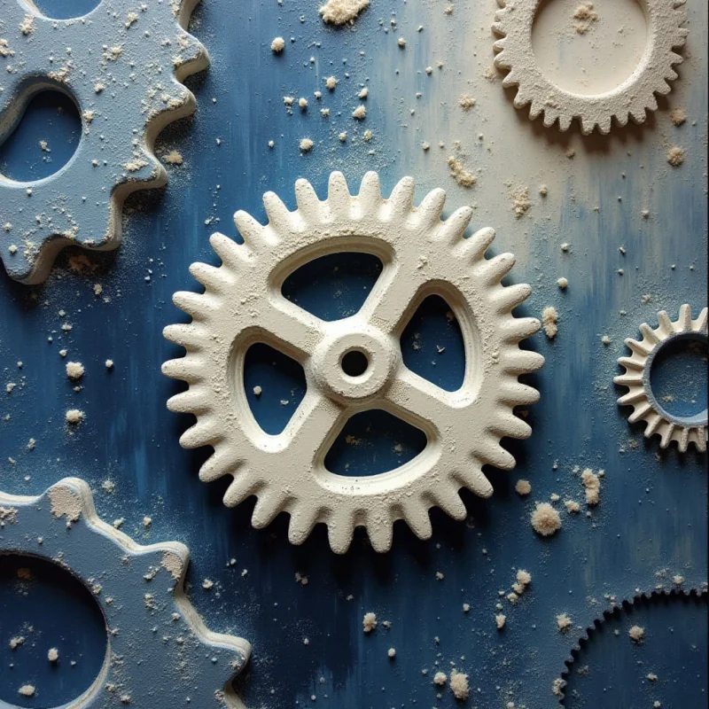 Several white, textured gears of varying sizes are arranged against a deep blue background scattered with fine, sand-like particles. The central gear is the largest and most detailed, featuring three thick spokes and jagged teeth, while smaller gears surround it in a loose cluster. Soft light illuminates the raised surfaces of the gears and grains, creating subtle shadows that suggest depth against the flat plane.