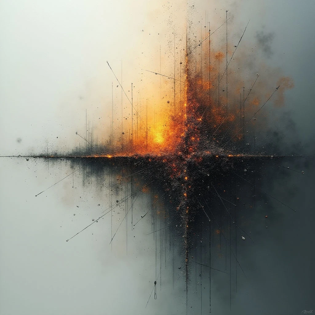 A fiery burst erupts from a dark horizontal line, scattering sparks and smoke upwards into a hazy sky. The impact is mirrored below as a similar spray of particles descends into a reflective surface. The overall impression is one of controlled chaos and intense energy bisected by stillness.
