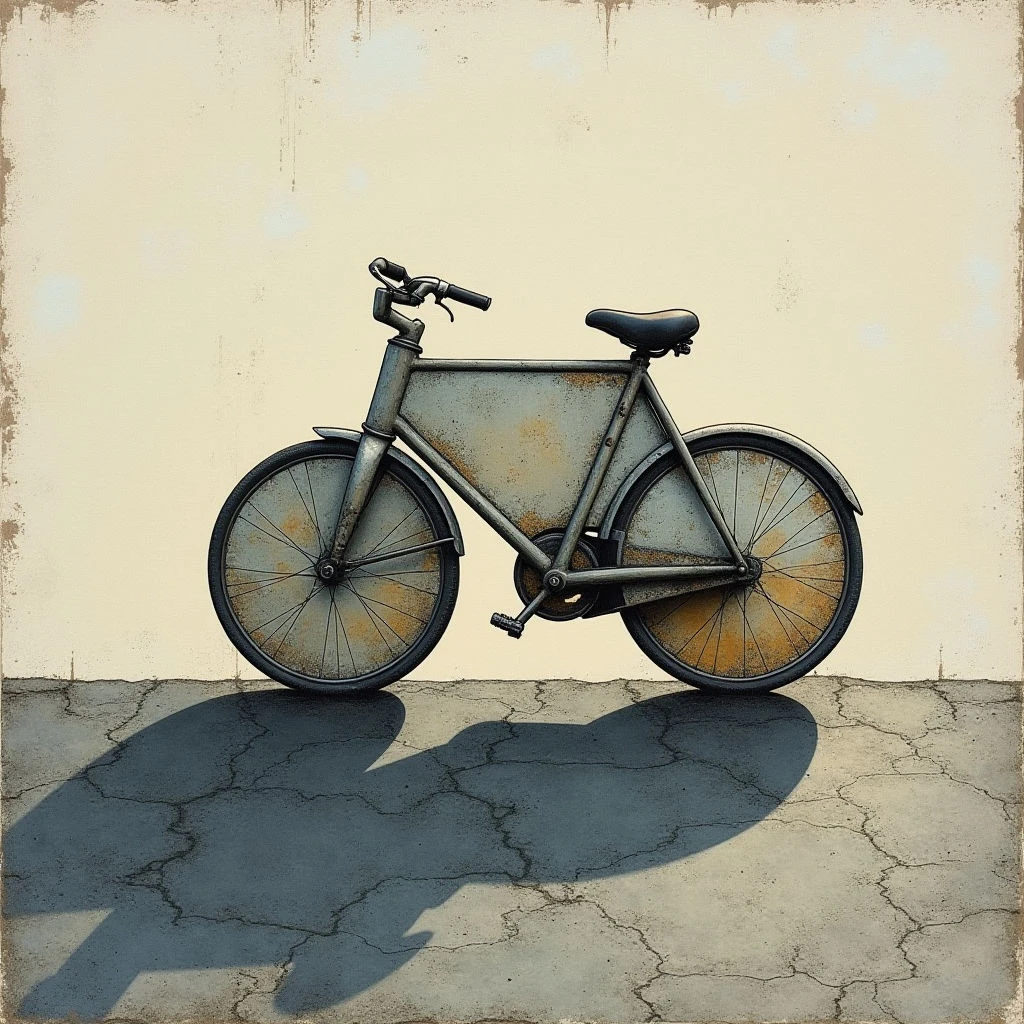 The image depicts a weathered bicycle centered against a pale, textured wall and cracked pavement. Predominantly gray tones characterize the bike’s frame and wheels, with rust accents visible on both, contrasting with the warmer beige of the background. A strong shadow extends from the bicycle onto the ground plane, indicating a light source positioned to the right and slightly above the subject.