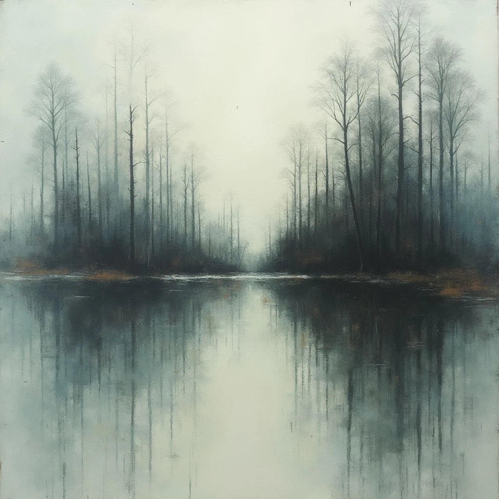 A still, dark body of water reflects a dense forest shrouded in mist. Bare trees line both sides of the water, their slender forms fading into the pale background. The overall mood is quiet and melancholic, with a sense of depth created by the converging lines of the trees and their mirrored images.
