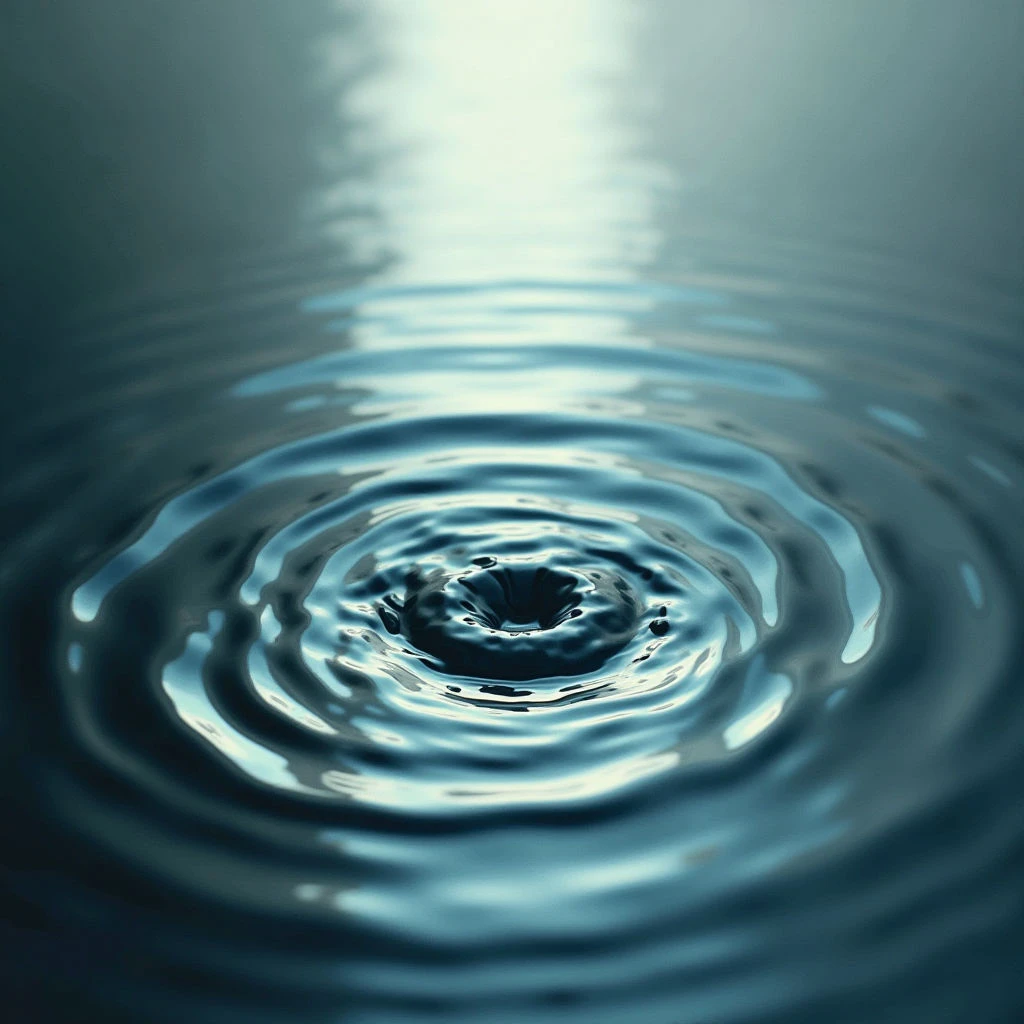 Ripples expand outward from a central point of impact on a calm body of water. The waves create concentric circles, becoming smaller and less defined as they move away from the source. Light reflects off the surface, creating a bright line down the middle and highlighting the texture of each wave.