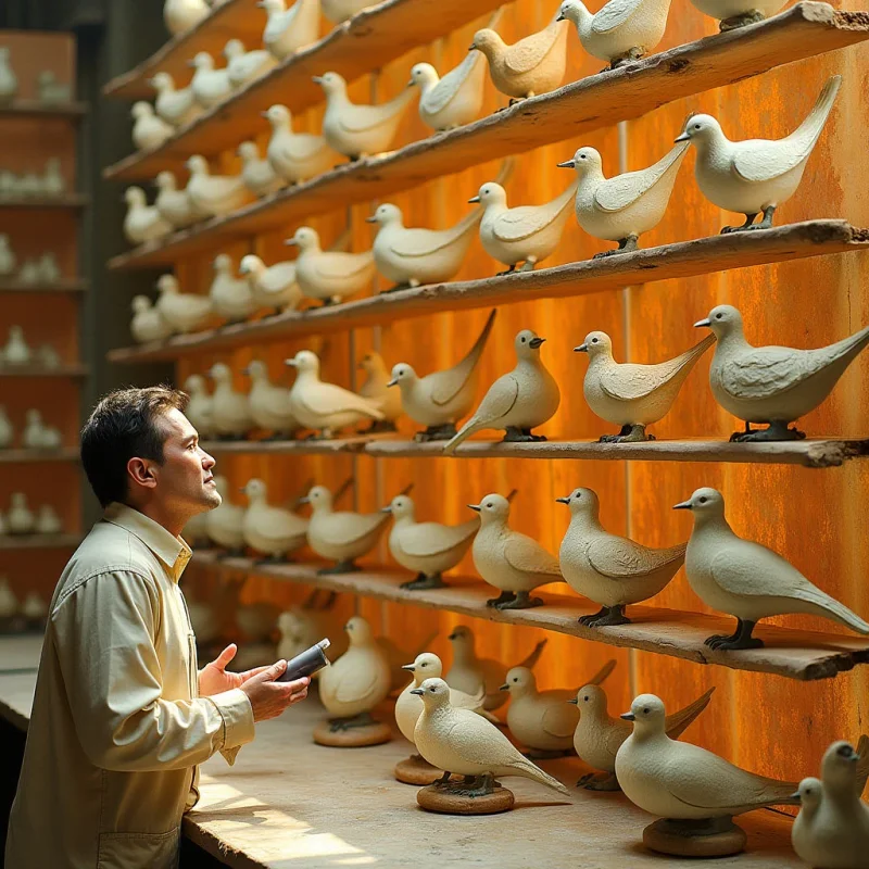 The image features a warm color palette dominated by shades of tan and beige, with rows of pale, sculpted birds arranged on wooden shelves against a textured orange wall.  Varied shapes are present in the bird forms—rounded bodies contrasted with pointed beaks and wings—and they diminish in size as they recede into depth along multiple horizontal lines. Light appears to come from the left, casting shadows and highlighting the surface details of both the sculptures and the wooden supports while a figure stands in the foreground holding a rectangular object.