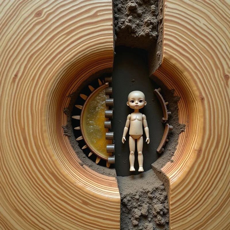 A small, pale humanoid figure sits within a dark vertical crevice that splits a large wood grain circle. The composition features concentric, swirling tan and brown lines of textured wood surrounding a central void filled with coarse, dark earth. Golden light illuminates the left side of the circular opening, contrasting against the deep shadows of the narrow channel where the figure is positioned.