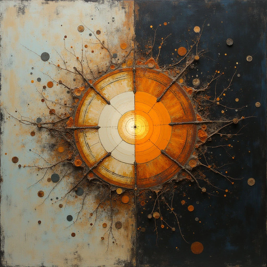 A circular form, bisected into orange and cream halves, dominates a textured background split between cool grey and dark navy blue. Thin branches radiate outwards from the circle’s center on both sides, adorned with small, scattered dots of varying sizes. The overall effect is reminiscent of an exploding sun or blossoming flower against a weathered sky.