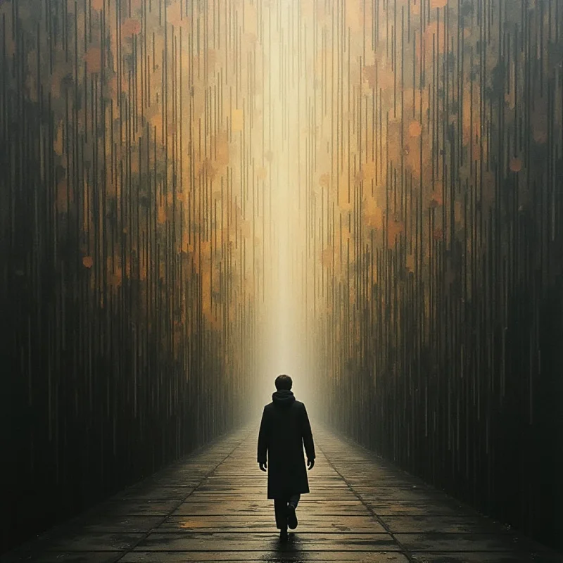 A solitary figure walks down a long, dark corridor lined with tall, slender shapes resembling pillars or falling rain. The path leads toward a bright, hazy light at the end, contrasting sharply with the surrounding gloom. A sense of isolation and perhaps anticipation pervades the scene as the person moves forward into the unknown.