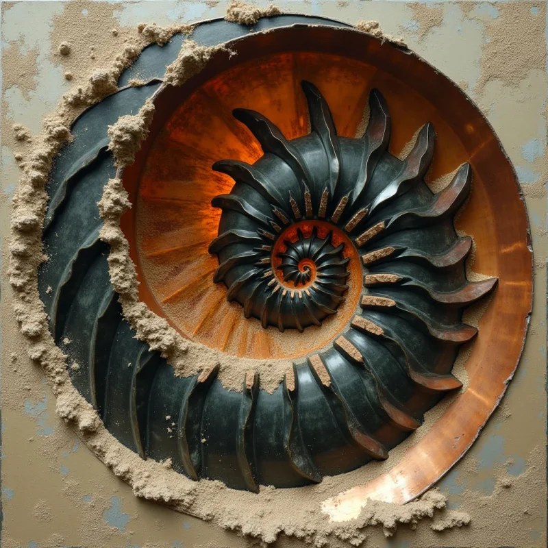 A dark, ribbed spiral structure with a metallic sheen sits nested within a copper-toned circular basin. Coarse, sandy textures cling to the edges of the dark ridges and line the perimeter of the composition. Light reflects off the smooth, polished surfaces of the inner coil and the surrounding metal, creating high contrast against the matte, earth-toned background.