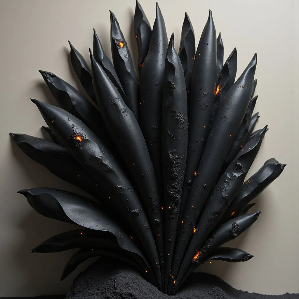 The image features a dense cluster of dark, elongated forms rising from a textured base, all in shades of black and gray. Small points of orange light are scattered across the surfaces of these shapes, creating visual contrast against the darker tones. The composition is centrally focused with a radiating pattern, suggesting depth as the forms recede towards the center and appear to emerge from the ground-like texture below.