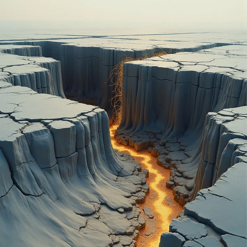 A narrow river of glowing orange light flows through a deep canyon of muted grey, cracked earth. The landscape is composed of jagged, vertical rock formations and flat, fractured plateaus that recede toward a pale, hazy horizon. High-contrast illumination emanates from the center, casting soft shadows across the matte, textured surfaces of the terrain.