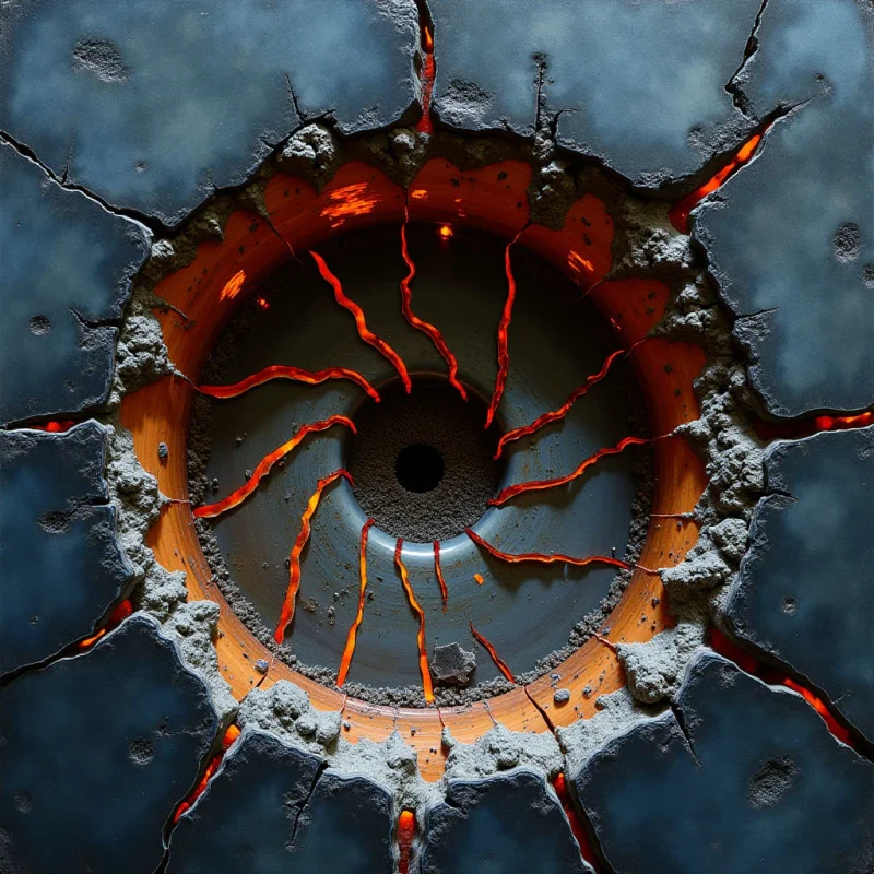 A dark, textured grey surface is fractured into irregular polygonal shapes, revealing a glowing orange core beneath the cracks. Jagged, vein-like lines of molten light radiate from a central black void toward the outer edges through deep fissures. The composition centers on the circular, layered structure of the opening, creating a sense of depth between the rough stone exterior and the luminous interior.