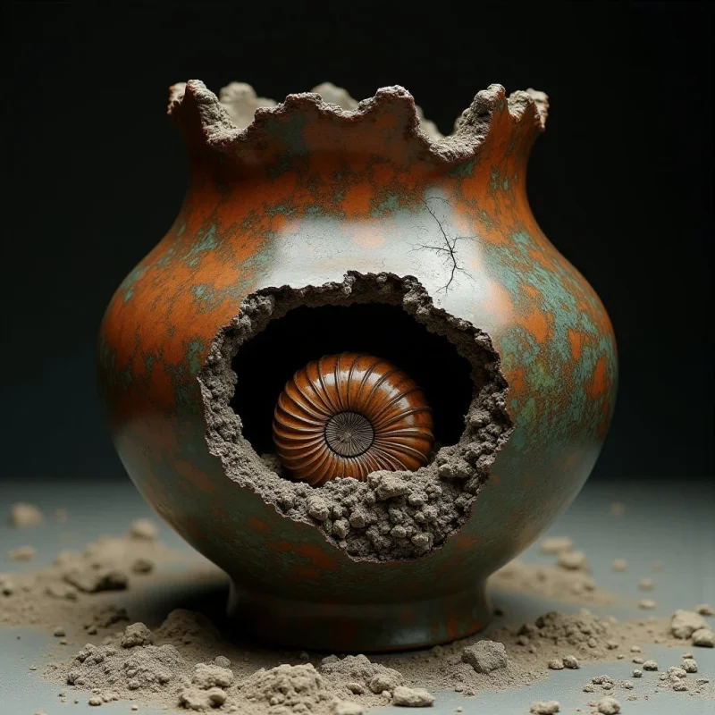 A large, rounded ceramic vessel with a mottled orange and teal patina sits against a dark background, featuring a jagged hole that reveals a coiled, ribbed ammonite fossil inside. The texture of the smooth, weathered pottery contrasts with the rough, granular edges of the breakage and the fine, sandy debris scattered around its base. Light illuminates the scene from the front, casting soft shadows within the vessel's cavity and across the textured surface of the ground.