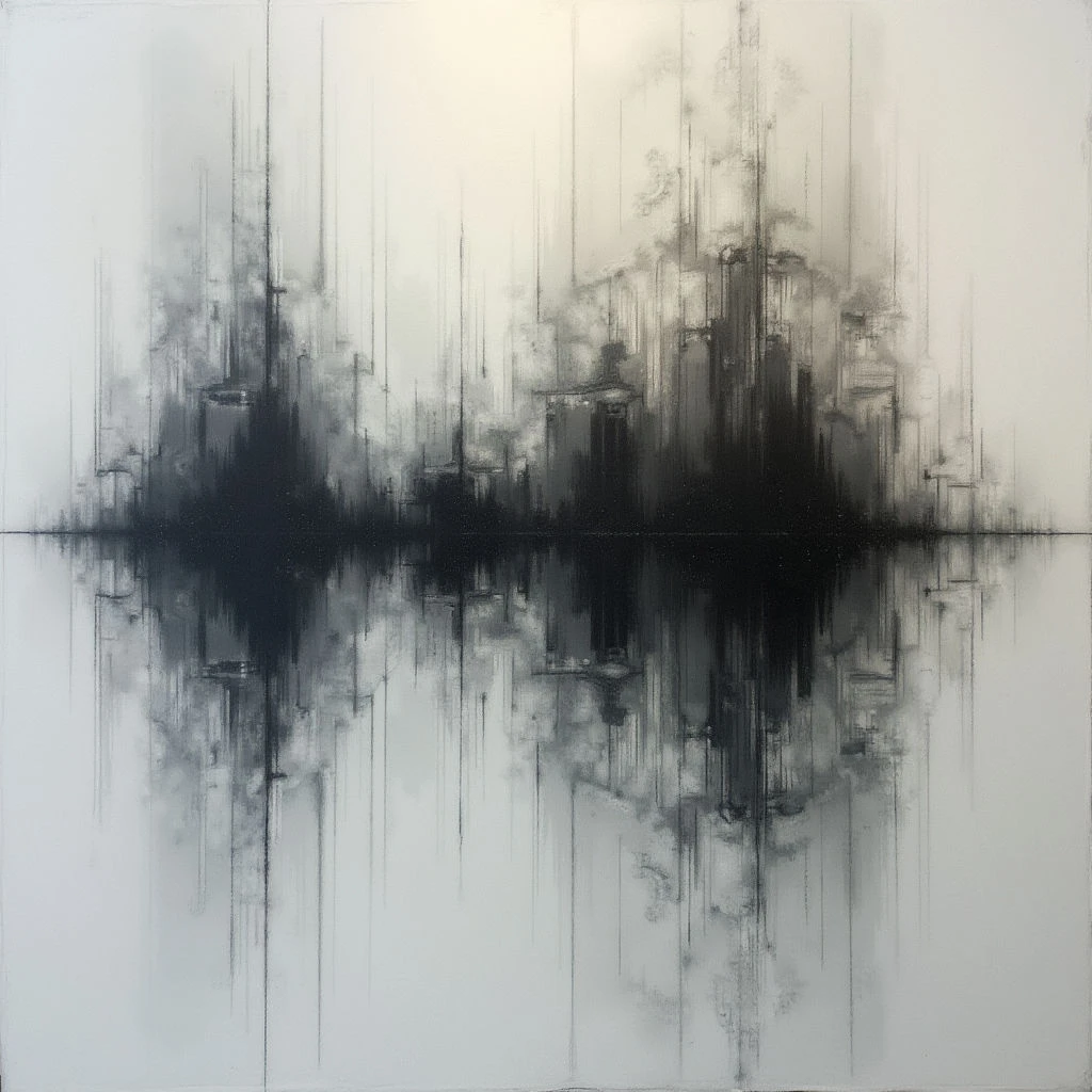 A dark, jagged cityscape stretches across the horizon line, appearing almost like a silhouette against a pale background. The image is perfectly mirrored below, creating an unsettling sense of symmetry and doubling. The overall effect is abstract and atmospheric, suggesting a ghostly or dreamlike urban landscape.