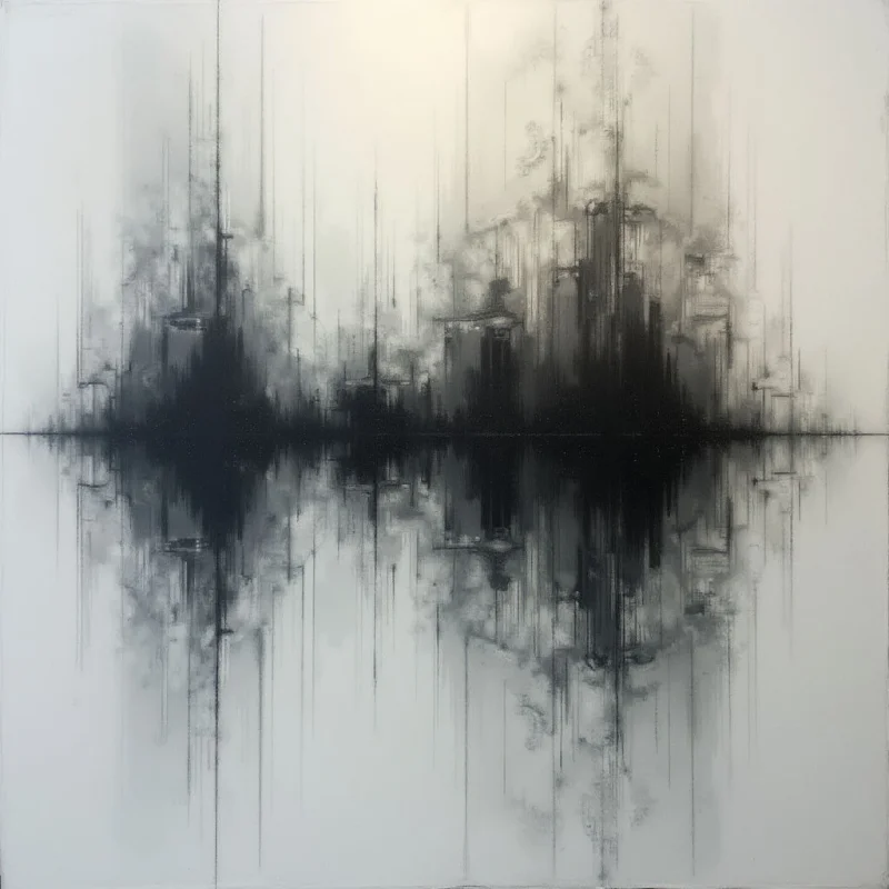 A dark, jagged cityscape stretches across the horizon line, appearing almost like a silhouette against a pale background. The image is perfectly mirrored below, creating an unsettling sense of symmetry and doubling. The overall effect is abstract and atmospheric, suggesting a ghostly or dreamlike urban landscape.