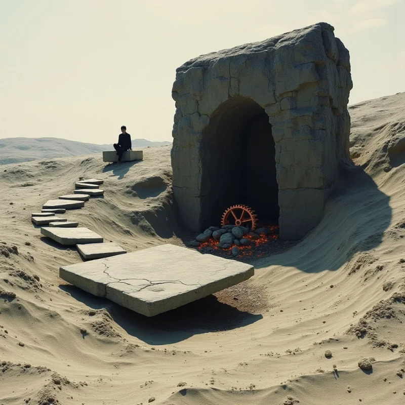 A desert landscape of pale beige sand features a large, craggy stone structure with an arched opening containing a glowing orange gear and small embers. A series of flat, rectangular stone slabs forms a path through the dunes toward the entrance, while a solitary dark figure sits on a block in the distance. Bright, direct light casts sharp shadows across the textured surfaces of the sand and weathered rock.
