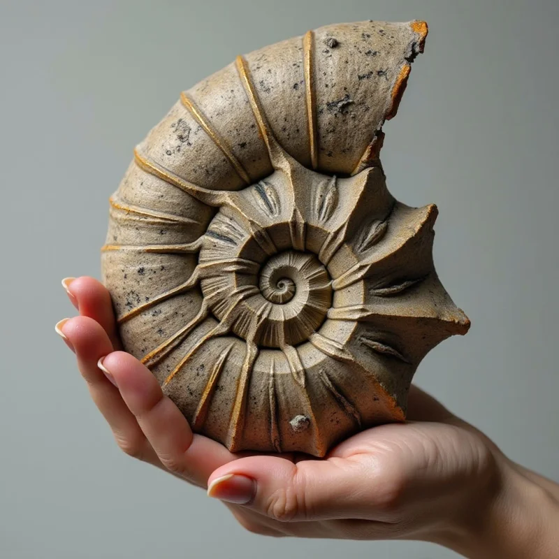 A large, spiral nautilus shell with a coarse, speckled texture is held in a person's hands against a neutral gray background. The shell features deep ridges and a segmented structure in shades of tan and earthy brown, illuminated by soft light that creates subtle shadows within its grooves. The composition centers on the organic, swirling shape of the shell as it rests within the pale skin tones of the supporting hands.