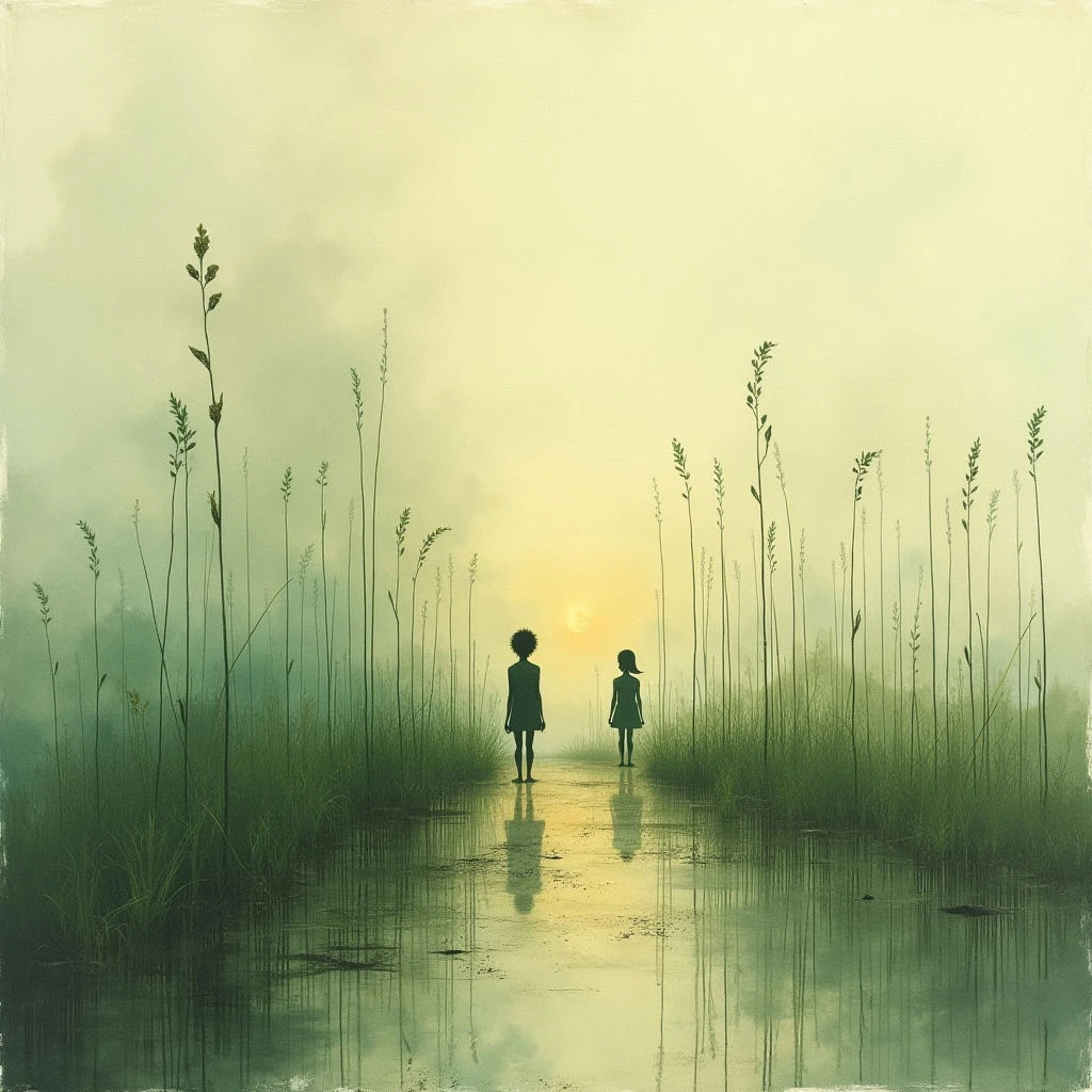 The image features a muted color palette of greens and yellows, with a hazy background suggesting fog or mist. Tall, slender blades of grass dominate the foreground and are reflected in a shallow body of water, creating a mirrored effect. Two small, dark silhouetted figures stand facing each other across this watery space, positioned centrally under a soft, circular light source.