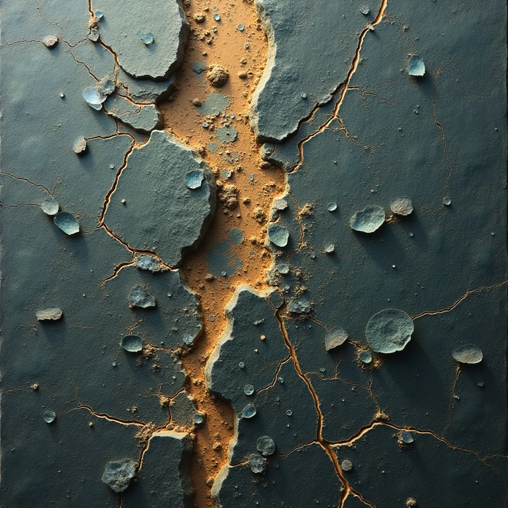 The image features a dark teal surface fractured by an irregular, central crevice filled with warm ochre tones and granular texture. Scattered across the darker field are fragments of similar material, alongside translucent, disc-shaped elements that appear to be raised above the base plane. Light highlights suggest a sheen on both the cracked surface and the scattered pieces, emphasizing their three-dimensional form against the matte background.