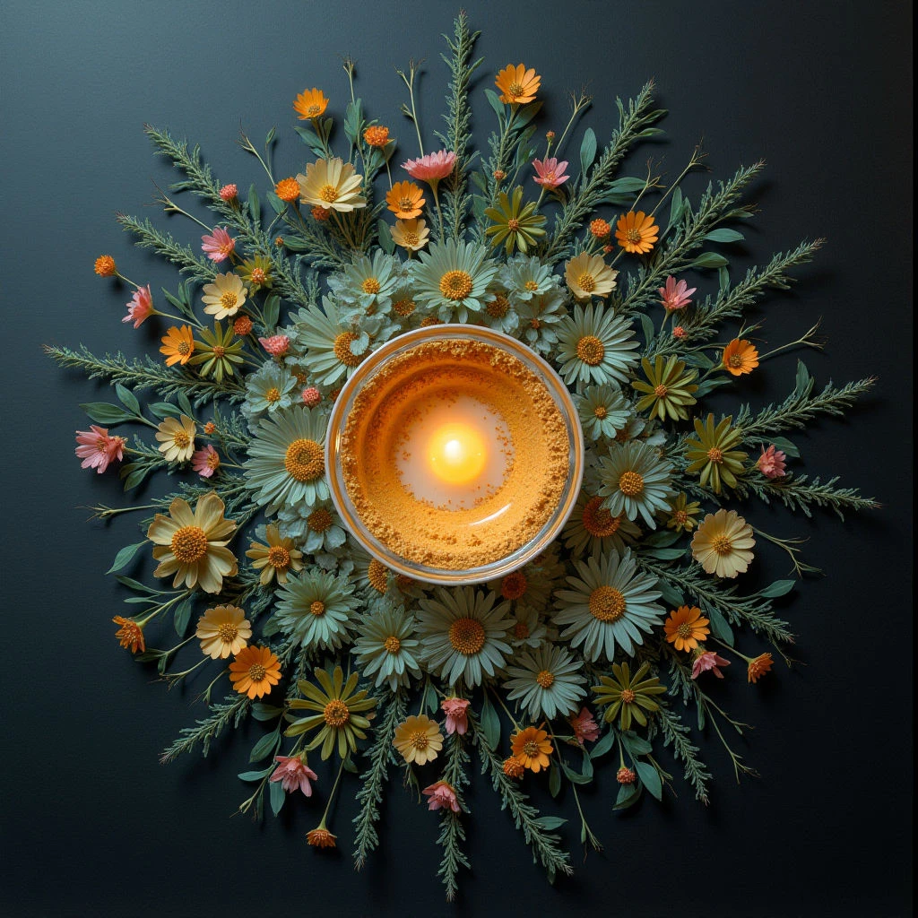 A glowing candle sits nestled within a circular arrangement of delicate wildflowers and greenery. The blooms are primarily shades of orange, peach, and pale blue, radiating outward from the warm light source. This floral halo is set against a dark, muted background, creating a striking contrast.