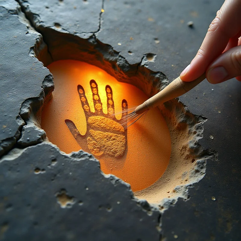 An orange, glowing void is framed by jagged, dark gray stone with a rough, cracked texture. A fine-tipped brush touches the inner surface of this opening, where a handprint shape is rendered in coarse, sandy particles. The light originates from within the cavity, casting soft shadows against the irregular edges of the surrounding material.