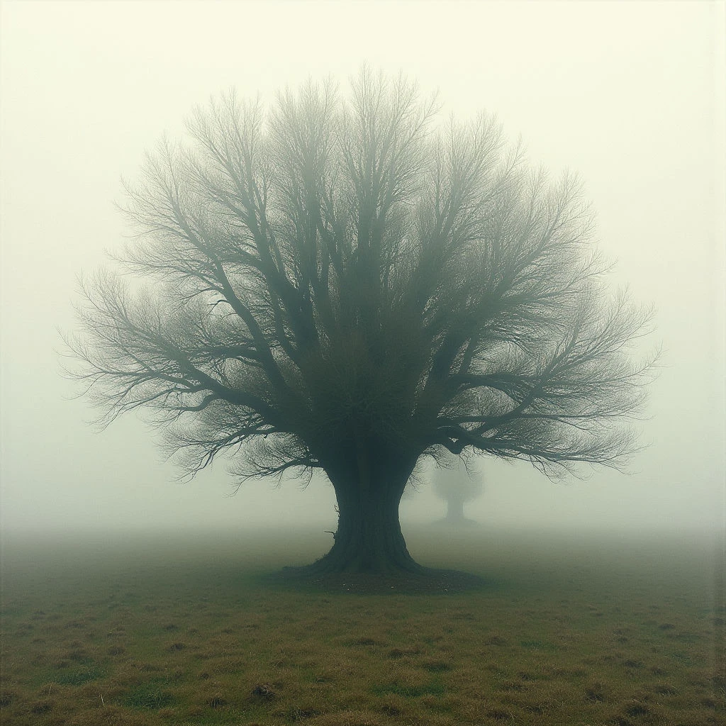 A large, bare tree dominates a misty field, its branches spreading wide like grasping hands. Thick fog obscures the ground and background, leaving only hints of other trees further away. The overall tone is quiet and melancholic, with muted greens and grays creating an ethereal atmosphere.