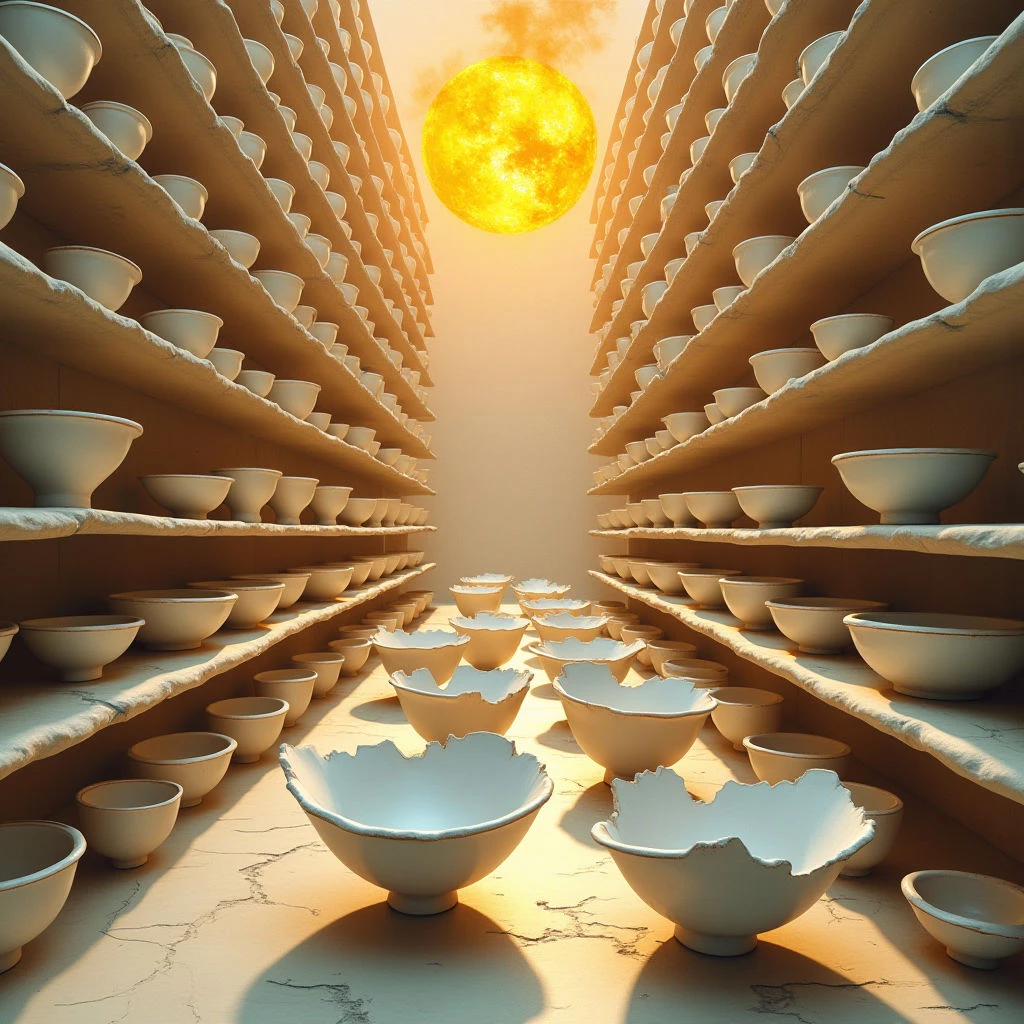 The scene is dominated by warm tones of beige and white, with a central, intensely bright golden orb illuminating the space. Rows of smooth, rounded bowls line symmetrical shelves that recede into the distance along a cracked floor, creating a strong linear perspective. Light casts long shadows from the objects, emphasizing their forms and the texture of the ground while diminishing in intensity further away.