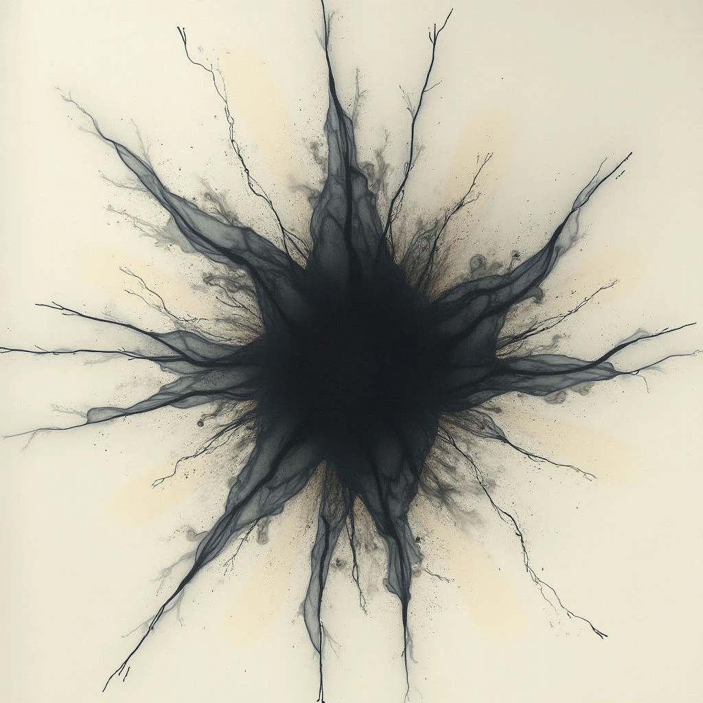 A dark, central mass explodes outward with wispy tendrils that resemble roots or branches. These delicate lines extend across a pale background, fading as they reach the edges. A subtle spray of lighter particles surrounds the core, giving the impression of something dispersing into nothingness.