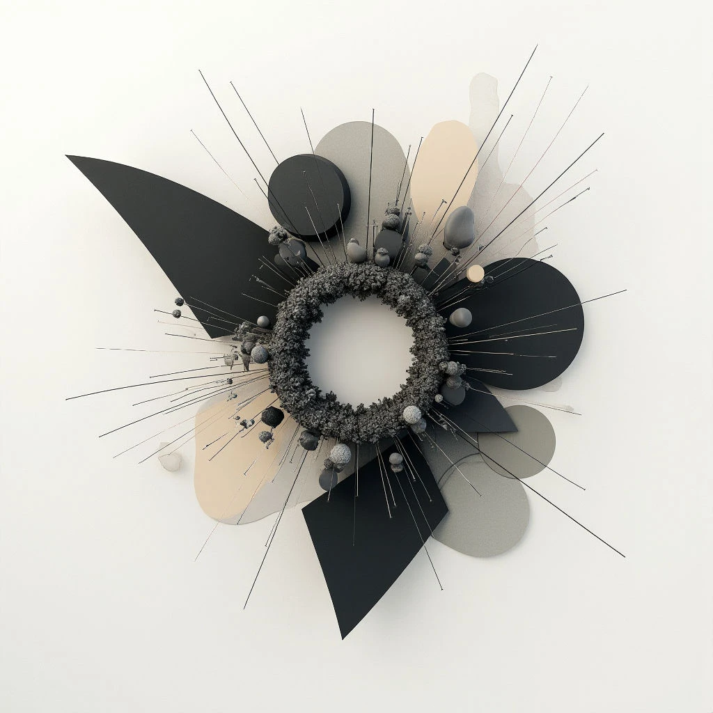 A dark, textured ring dominates the center of the image, surrounded by a burst of geometric shapes in shades of black, beige, and gray. Thin lines radiate outwards from the central circle, interspersed with small spheres that seem to be exploding or dispersing. The arrangement is set against a clean white background, creating a striking contrast and sense of dynamic movement.