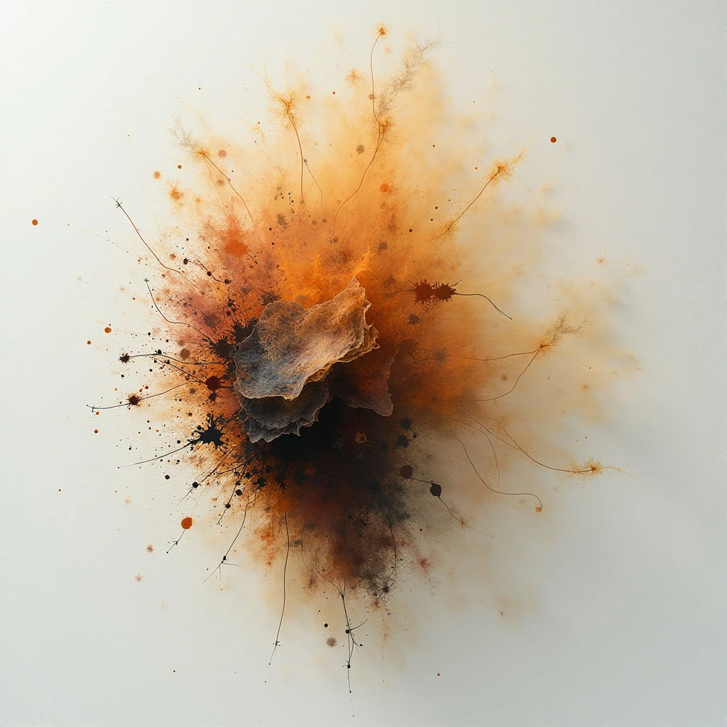 An explosion of dark browns and warm oranges radiates outward from a central, shadowy form. Fine tendrils and scattered droplets extend into the surrounding white space, creating a sense of dynamic energy. The overall effect is reminiscent of both decay and blossoming, with a textured, organic quality.
