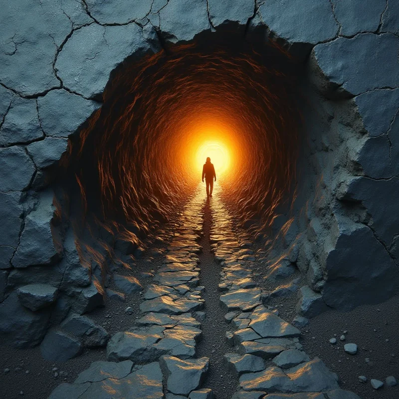 A dark, textured stone tunnel frames a central path of irregular, cracked slabs leading toward a bright orange light. The silhouette of a lone figure stands at the center of the glowing opening, creating a focal point between the cool blue-grey shadows and the warm radiance. Deeply recessed textures on the walls contrast with the smooth, brilliant light emanating from the far end of the space.