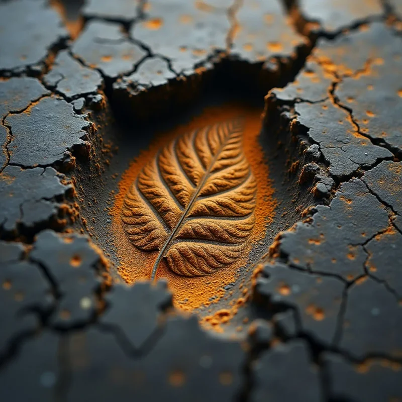 A dark, cracked, and textured surface surrounds a central void shaped like a leaf. Inside the indentation, a bright orange, granular substance forms the detailed veins and structure of a leaf pattern. The composition features high contrast between the matte black crust and the glowing orange interior, with light emphasizing the depth of the cracks and the fine texture of the pigment.