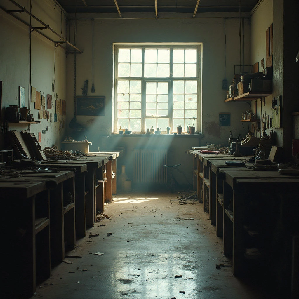 Dust motes dance in the strong sunlight streaming through a large window into a cluttered workshop. Rows of wooden workbenches line the room, covered with tools and scraps, facing each other across a worn floor. Shelves along the walls hold more supplies and small objects, suggesting a space actively used but currently still.