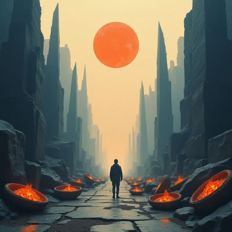 A large, orange circular sun hangs in a pale yellow sky above a central path lined with jagged, dark stone monoliths and glowing baskets of fire. The composition follows a symmetrical perspective leading toward a lone silhouette standing in the middle ground. Textures range from the rough, craggy surfaces of the towering rock formations to the soft, hazy light of the distant horizon.