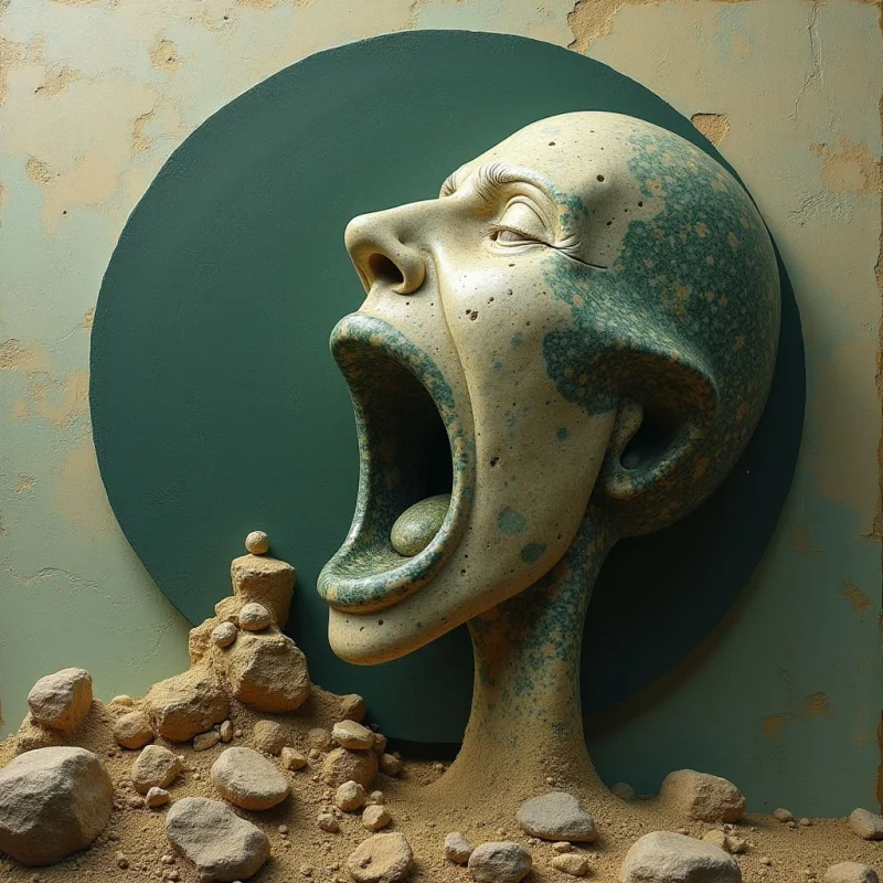 A large, pale, speckled sculptural head with an open mouth is positioned against a dark teal circular backdrop. The composition features organic, rounded forms and rough, granular textures found on the skin of the figure and the surrounding sandy mound. Light falls from the upper left, creating soft shadows that define the facial contours and the spatial depth between the sculpture and the textured wall.