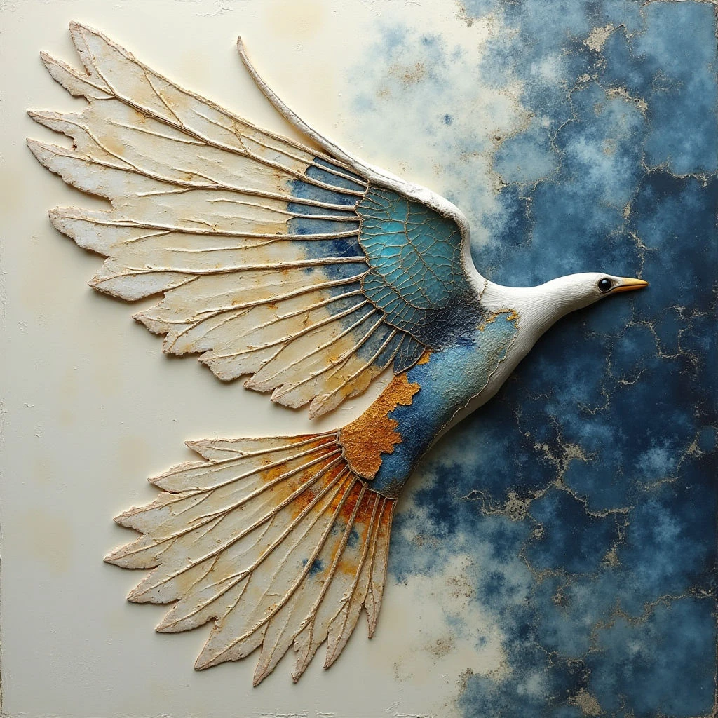 The image features a bird with outstretched wings set against a mottled blue background. The bird is primarily white and pale beige with areas of cracked teal and gold detailing, appearing to have a textured, layered surface. Light seems to fall evenly across the scene, highlighting the relief of the bird’s form while the background suggests depth through variations in tone and irregular shapes.