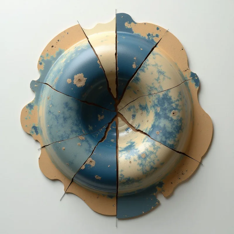A large, circular object is shattered into numerous pieces, resembling a broken plate or dome. The interior surface displays a painted sky with blue and tan clouds, while the exterior has a weathered, beige tone speckled with dark spots. Thin wires protrude from beneath some of the fractured edges, holding the fragments together against a plain white background.