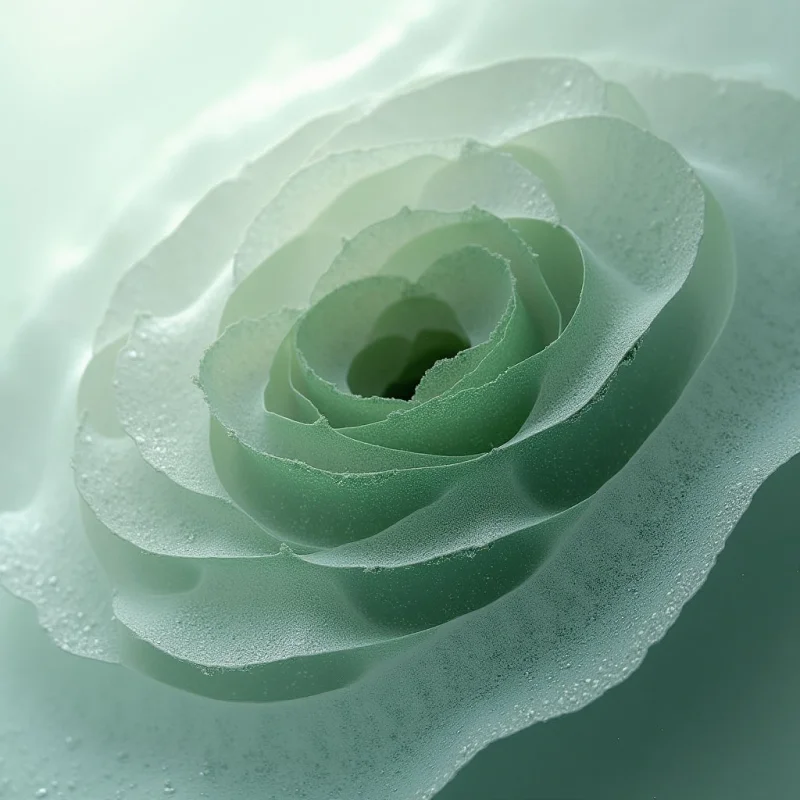 The image features a tightly coiled spiral form in shades of pale green and white. The texture appears smooth yet subtly layered, with small granular details visible across the surface. Light is diffused, creating soft highlights and shadows that emphasize the concentric shape and suggest depth within the central void.