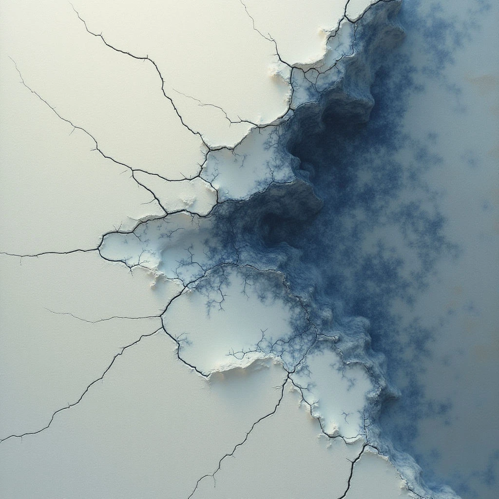 The image features a stark contrast between a smooth, pale surface fractured by delicate cracks and an area of deep indigo with cloud-like formations. The textures range from the matte finish of the broken sections to the swirling, almost organic appearance of the darker region, which appears to be spreading across the plane. Light is diffused and even, creating subtle shadows within the crevices and highlighting the relief between the two distinct areas.