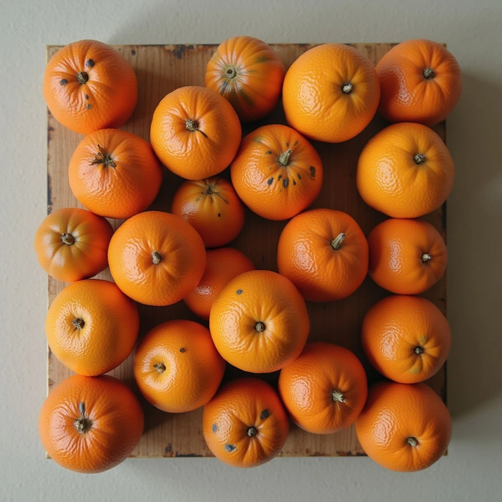 The image features a collection of small, round citrus fruits arranged closely together on a rectangular wooden surface. The dominant color is orange, with variations in shade and texture across the fruit skins—some are smooth, others slightly dimpled—and the wood exhibits warm brown tones. Soft, diffused light illuminates the scene evenly, creating minimal shadows and highlighting the spatial arrangement of overlapping forms.