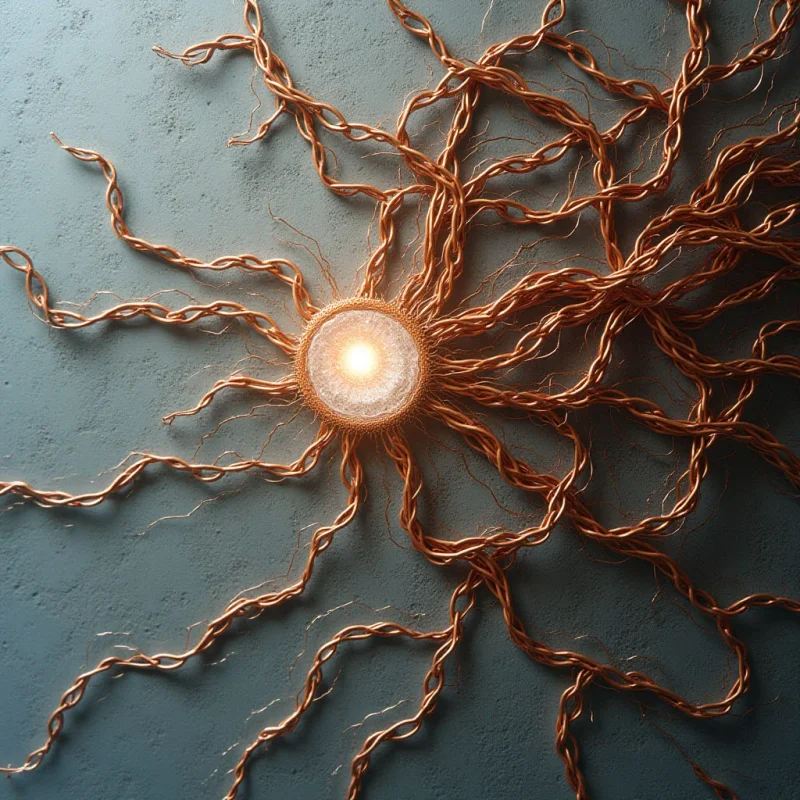 A central, glowing white orb radiates light outward through a dense network of intertwined, copper-colored metallic strands. These sinuous, rope-like shapes extend across a textured, matte grey surface, creating a sense of radial movement from the luminous center. The composition relies on the high contrast between the bright core and the dark, shadowed recesses of the undulating metallic textures.