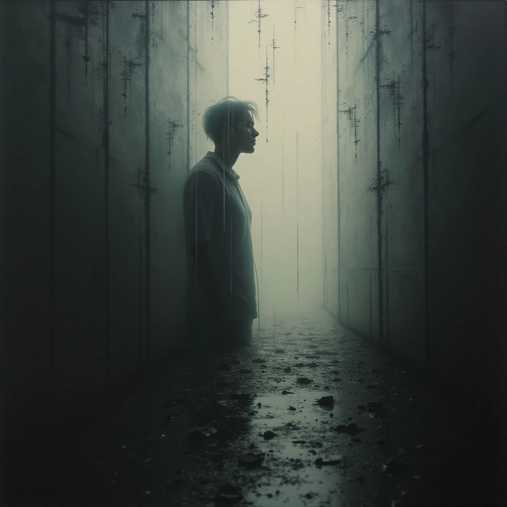 A man stands alone within a narrow corridor of weathered stone walls, appearing almost translucent as streaks fall from his form. The space is dimly lit and filled with fog, drawing the eye towards a bright, distant opening at the end of the hall. Debris litters the floor, suggesting neglect or decay.