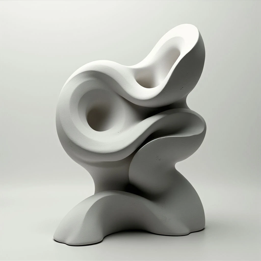 A smooth, pale sculpture rises from a flat surface, its form resembling organic shapes intertwined. The piece features several looping openings that curve through the solid material, creating a sense of depth and flow. Soft shadows define the curves and highlight the sculpture's rounded, abstract composition.