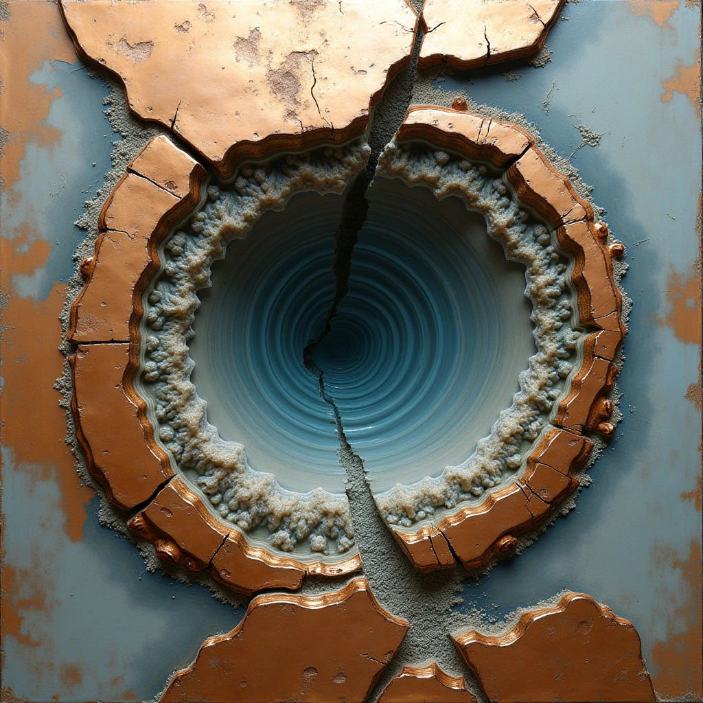 The image features a central circular opening surrounded by layered, textured forms in shades of copper and beige against a pale blue background. The layers around the hole transition from rough, fragmented edges to smoother, scalloped details, culminating in concentric rings of bright turquoise within the void. Light appears to emanate from the center, casting subtle shadows that emphasize the depth and three-dimensional quality of the composition, while cracks radiate outward across both the surrounding material and the blue field.