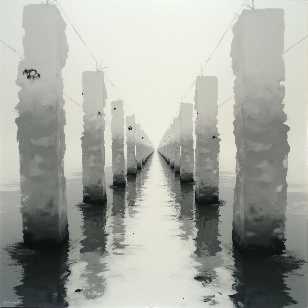 Rows of tall, weathered concrete pillars stretch into a hazy distance across water. Their reflections create a symmetrical pattern on the calm surface, leading the eye toward a vanishing point. A soft fog obscures the far end of the scene, adding to its sense of quiet isolation.