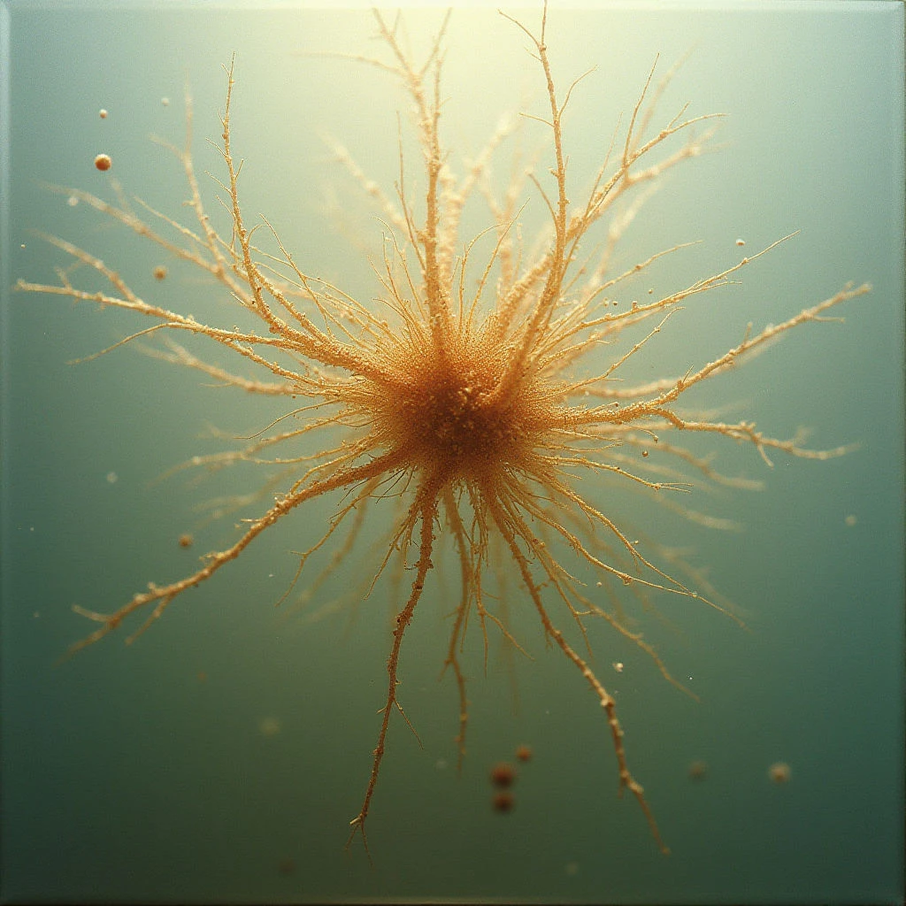 The image features a central spherical form in shades of warm orange and brown, radiating numerous thin, branching appendages outwards. This object is set against a gradient background transitioning from pale yellow at the top to teal-green below, creating a sense of depth. Scattered throughout the space are small, blurred particles in similar earthy tones, appearing suspended around the main subject.